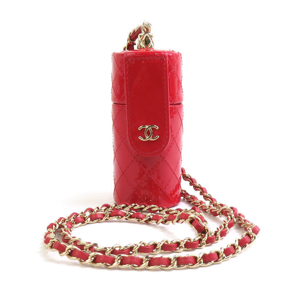 CHANEL Necklace Lip Case Patent Leather Metal Red Gold Women's e60699a